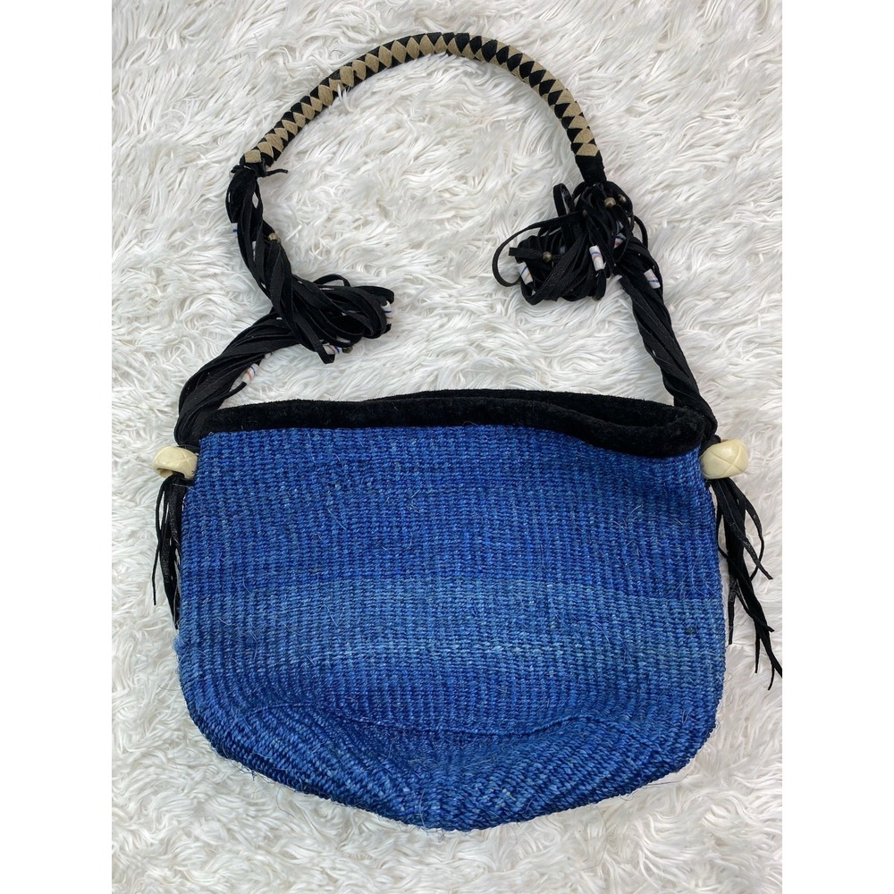 Women's S Blue Woven Basket Beaded Leather Strap Velvet Trim Shoulder Purse